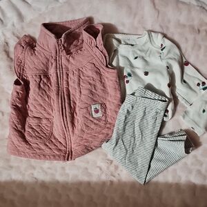 Pink Quilted Vest with Floral Onesie and Striped Pants Set